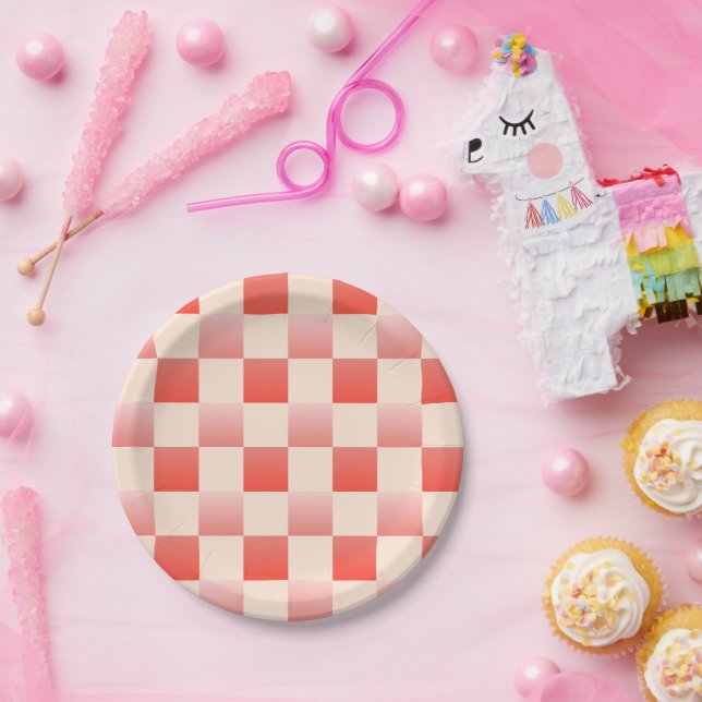 Coral Peach Gradient Chequered Paper Plate (Party)