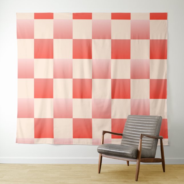 Coral Peach Gradient Chequered Tapestry (In Situ (Horizontal))