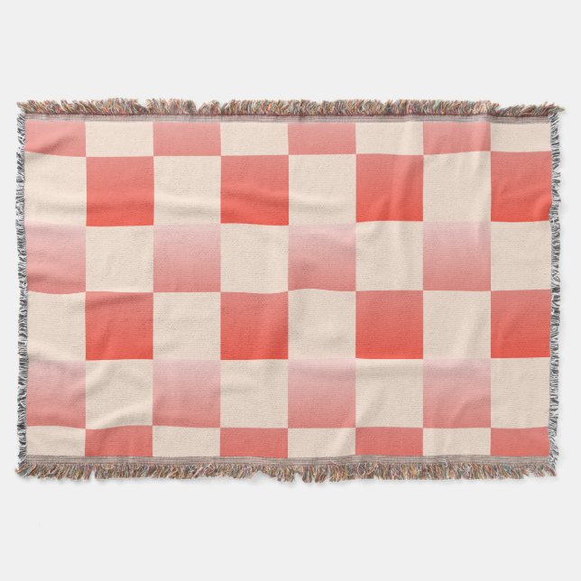 Coral Peach Gradient Chequered Throw Blanket (Front)