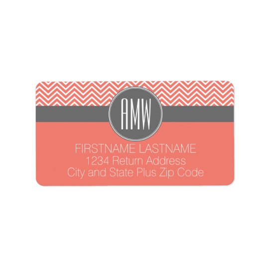 Coral Peach Grey Chevrons Custom Triple Monogram Address Label