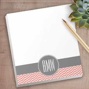 Coral Peach Grey Chevrons Custom Triple Monogram Notepad