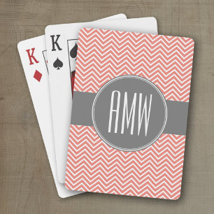 Coral Peach Grey Chevrons Custom Triple Monogram Playing Cards
