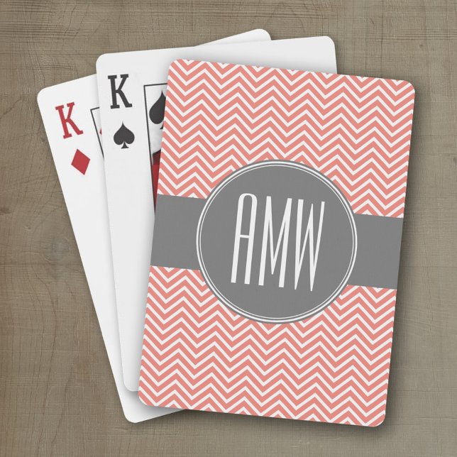 Coral Peach Grey Chevrons Custom Triple Monogram Playing Cards (Personalized playing cards)
