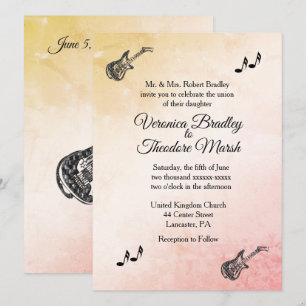 Coral Peach Guitar Theme Wedding Invitation  