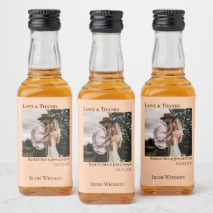 Coral Peach Love & Thanks Wedding Photo Mini Liquor Bottle Label
