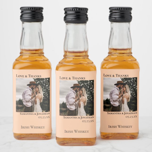 Coral Peach Love & Thanks Wedding Photo Mini Liquor Bottle Label (Bottles)