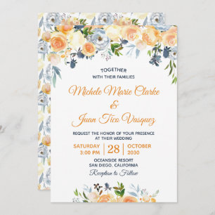 Coral Peach Navy Blue Watercolor Floral Wedding Invitation