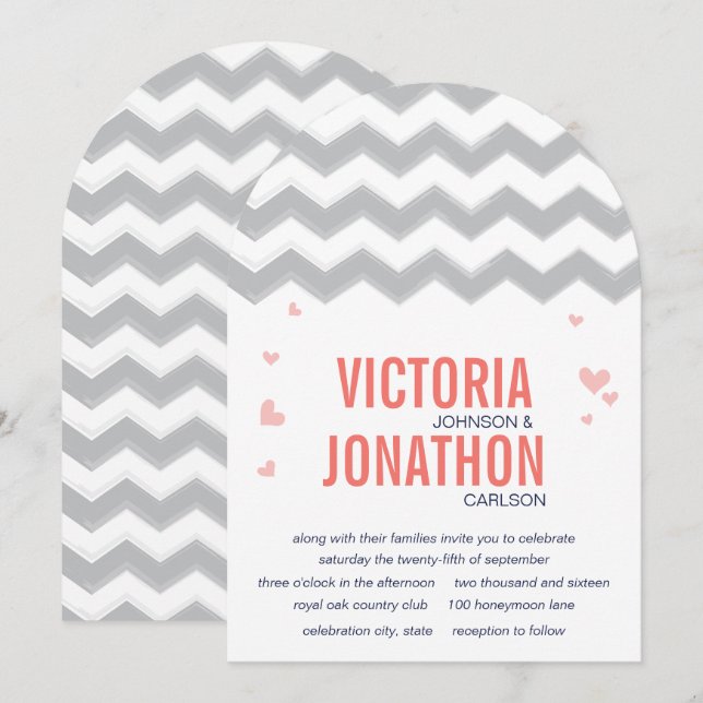 Coral Peach Navy Grey Zig Zag Typography Wedding Invitation (Front/Back)