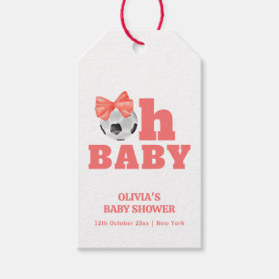 Coral Peach Oh Baby Bow Soccer Sport Baby Shower Gift Tags