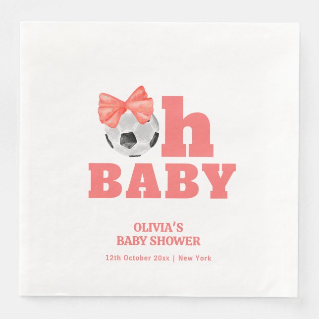 Coral Peach Oh Baby Bow Soccer Sport Baby Shower Napkin (Front)