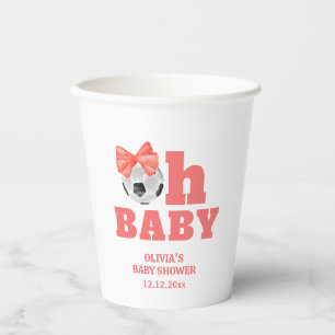 Coral Peach Oh Baby Bow Soccer Sport Baby Shower Paper Cups