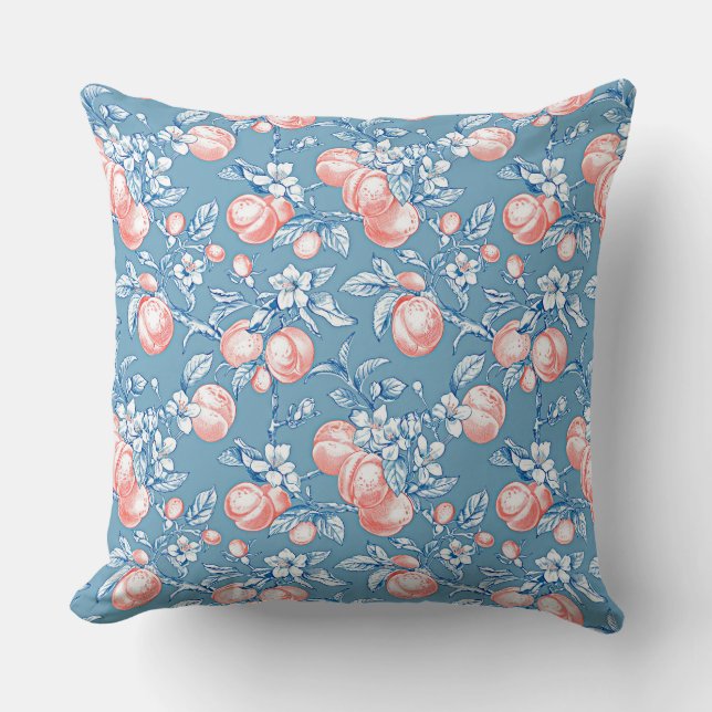 Coral peach pattern on blue background cushion (Front)