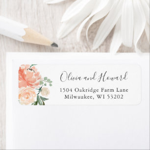 Coral Peach Peonies Bloom Floral Return Address Label
