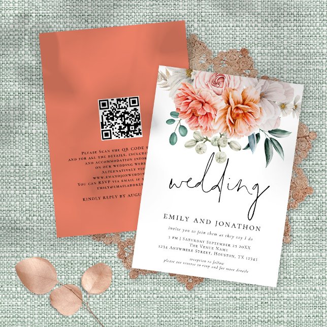 Coral Peach Peonies Florals Script Wedding Invitation (Front and back view)