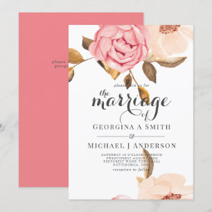 Coral Peach Pink Gold Floral Wedding Invitations