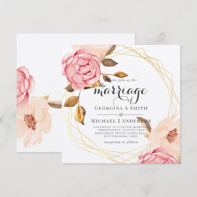 Coral Peach Pink Gold Floral Wedding Invitations (Front/Back)