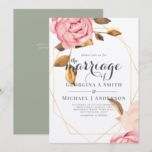 Coral Peach Pink Gold Floral Wedding Invitations (Front/Back)