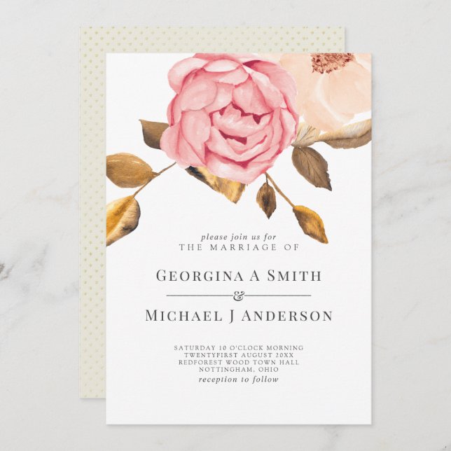 Coral Peach Pink Gold Floral Wedding Invitations (Front/Back)