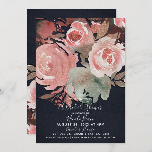 Coral Peach Pink Soft Bold Floral Bridal Shower Invitation (Front/Back)