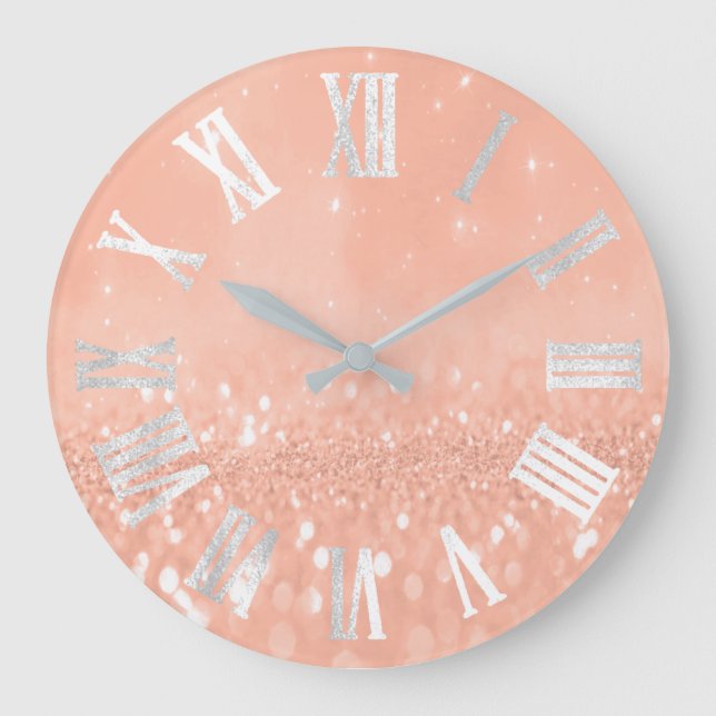 Coral Peach Rose Glitter Metallic Roman Numers Large Clock (Front)