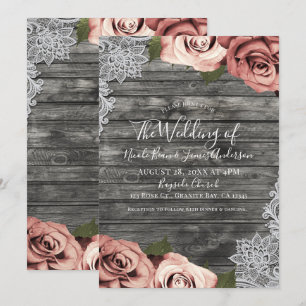 Coral Peach Roses Grey Rustic White Lace Wedding Invitation
