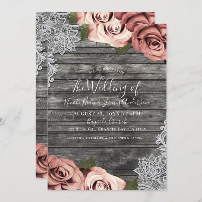 Coral Peach Roses Grey Rustic White Lace Wedding Invitation (Front/Back)