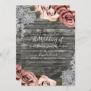 Coral Peach Roses Grey Rustic White Lace Wedding Invitation