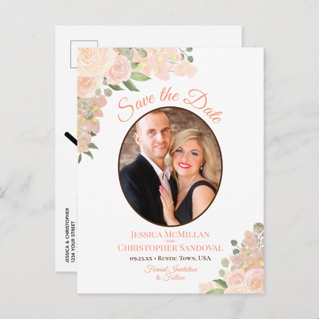 Coral Peach Roses Oval Photo Wedding Save the Date Announcement Postcard (Front/Back)