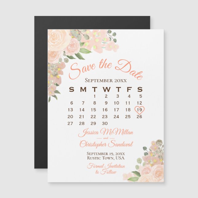 Coral Peach Roses Save the Date Calendar Magnet (Front/Back)