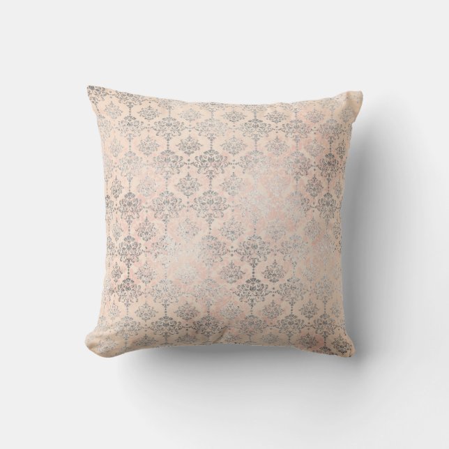 Coral Peach Salmon Damask Grey Silver Rose Floral Cushion (Front)