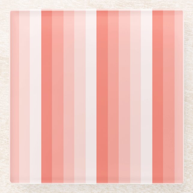 Coral peach shadow stripes glass coaster (Front)