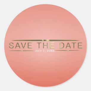 Coral Peach & Shiny Gold Modern Save the Date Classic Round Sticker
