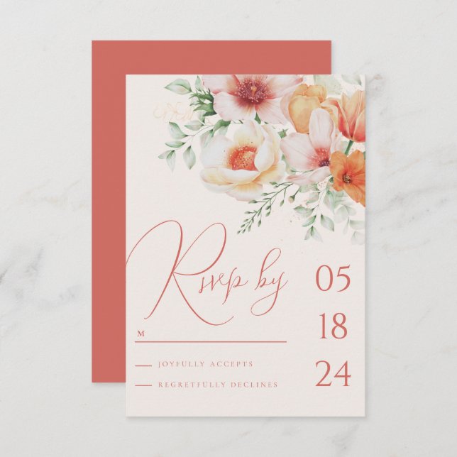 Coral Peach Spring Summer Floral Orange Wedding RSVP Card (Front/Back)