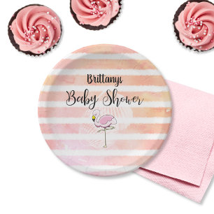 Coral Peach Striped Flamingo Baby Shower Paper Plate