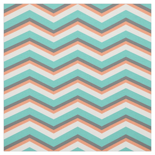 Coral Peach Teal Grey Chevron Zig-Zag Pattern Fabric (Swatch)