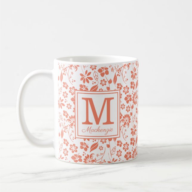 Coral Peach Tropical Flowers Monogram Coffee Mug (Left)