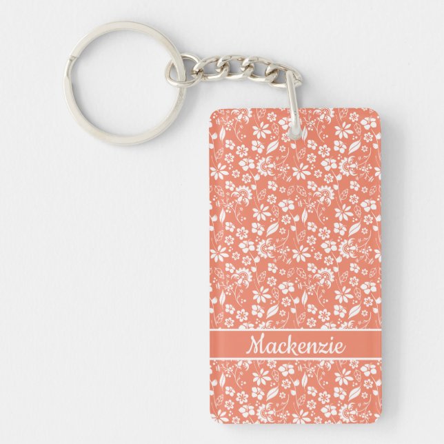Coral Peach Tropical Spring Flowers Photo Key Ring (Front)