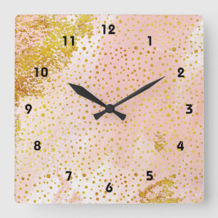 Coral peach watercolor and gold foil confetti square wall clock
