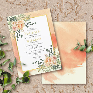 Coral peach watercolor flowers floral wedding invitation