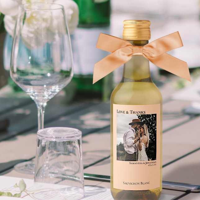 Coral Peach Wedding Photo Love & Thanks Mini Wine Label (Creator Uploaded)
