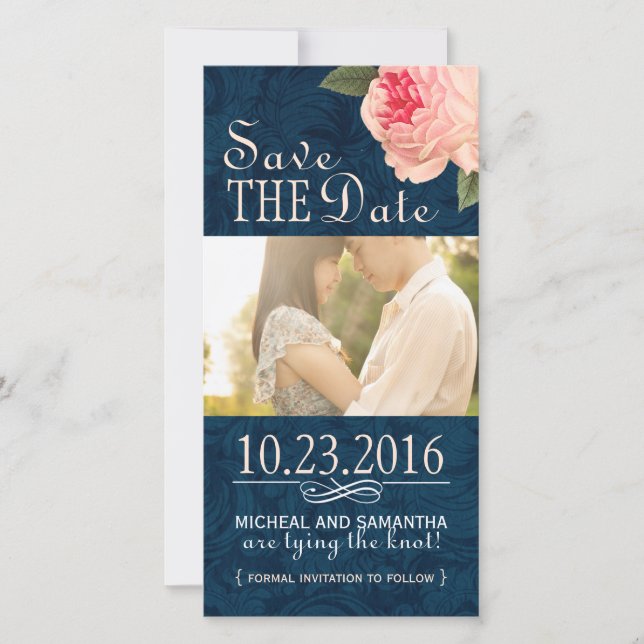 Coral Peonie and Navy Save the Date Photo Cards (Front)