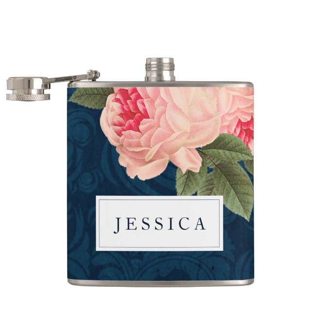 Coral Peonies and Navy Feathers Bridesmaid Flask (Opened)