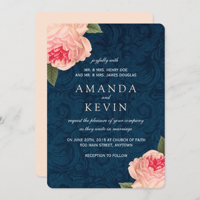 Coral Peonies and Navy Wedding Invitations (Front/Back)
