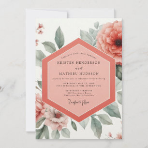 Coral Peony Botanical Romance Wedding Invitation