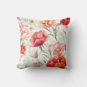 Coral peony flower, white chamomile blossom cushion