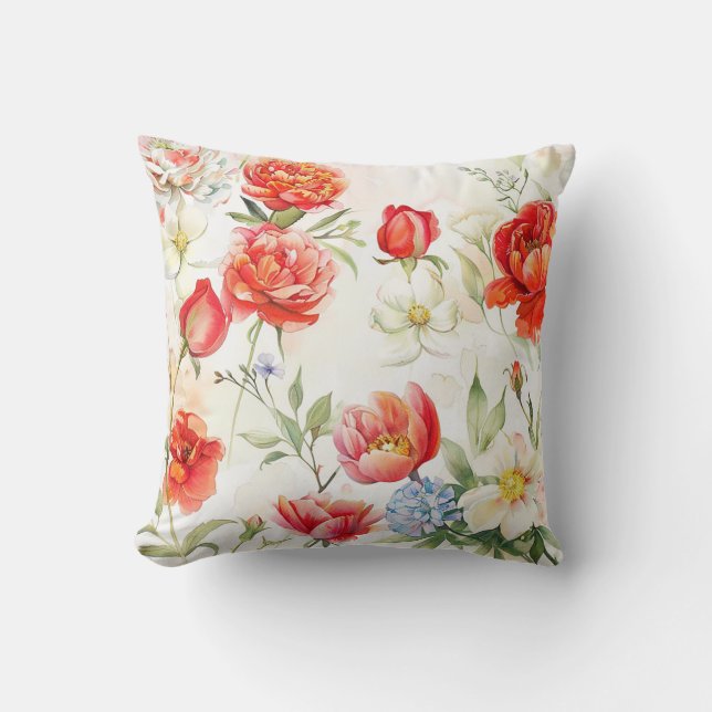 Coral peony flower, white chamomile blossom cushion (Front)