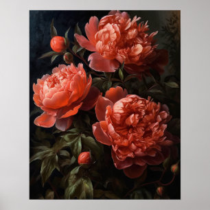 Coral Peony Flowers Art Print Poster