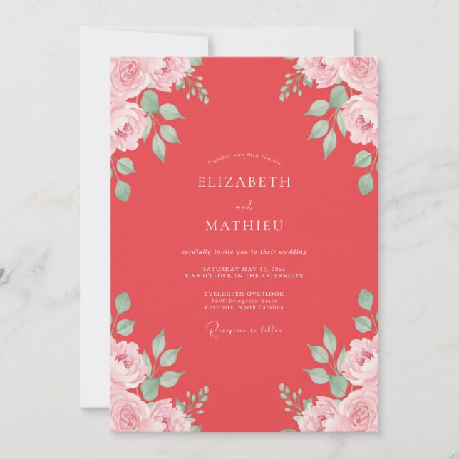 Coral Peony Leafy Wedding Invitation (Front)