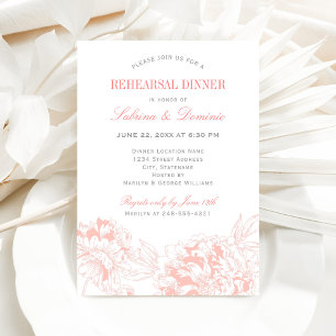 Coral Peony Sketch Wedding Rehearsal Dinner Invitation