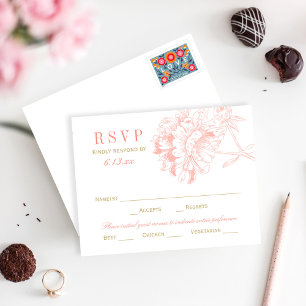 Coral Peony Wedding Reply with Meal RSVP Card
